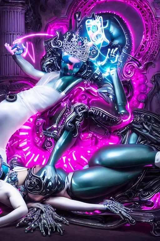 Prompt: full-body rococo and cyberpunk style neon statue of a young attractive futbolero macho dotado e rico android sim roupa reclining con las piernas abertas e la piroca dura, glowing white laser eyes, prince crown of pink gears, diamonds, swirling silver-colored silk fabric. futuristic elements. full-length view. space robots. human skulls. intricate artwork by caravaggio. Trending on artstation, octane render, cinematic lighting from the right, hyper realism, octane render, 8k, depth of field, 3D