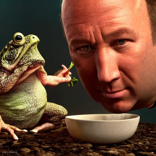 Image similar to Alex Jones and a big toad having a romantic meal, hyper realistic, dynamic pose, high detail, octane render, unreal engine, 8k, fantasy art, highly detailed, dramatic lighting, concept art