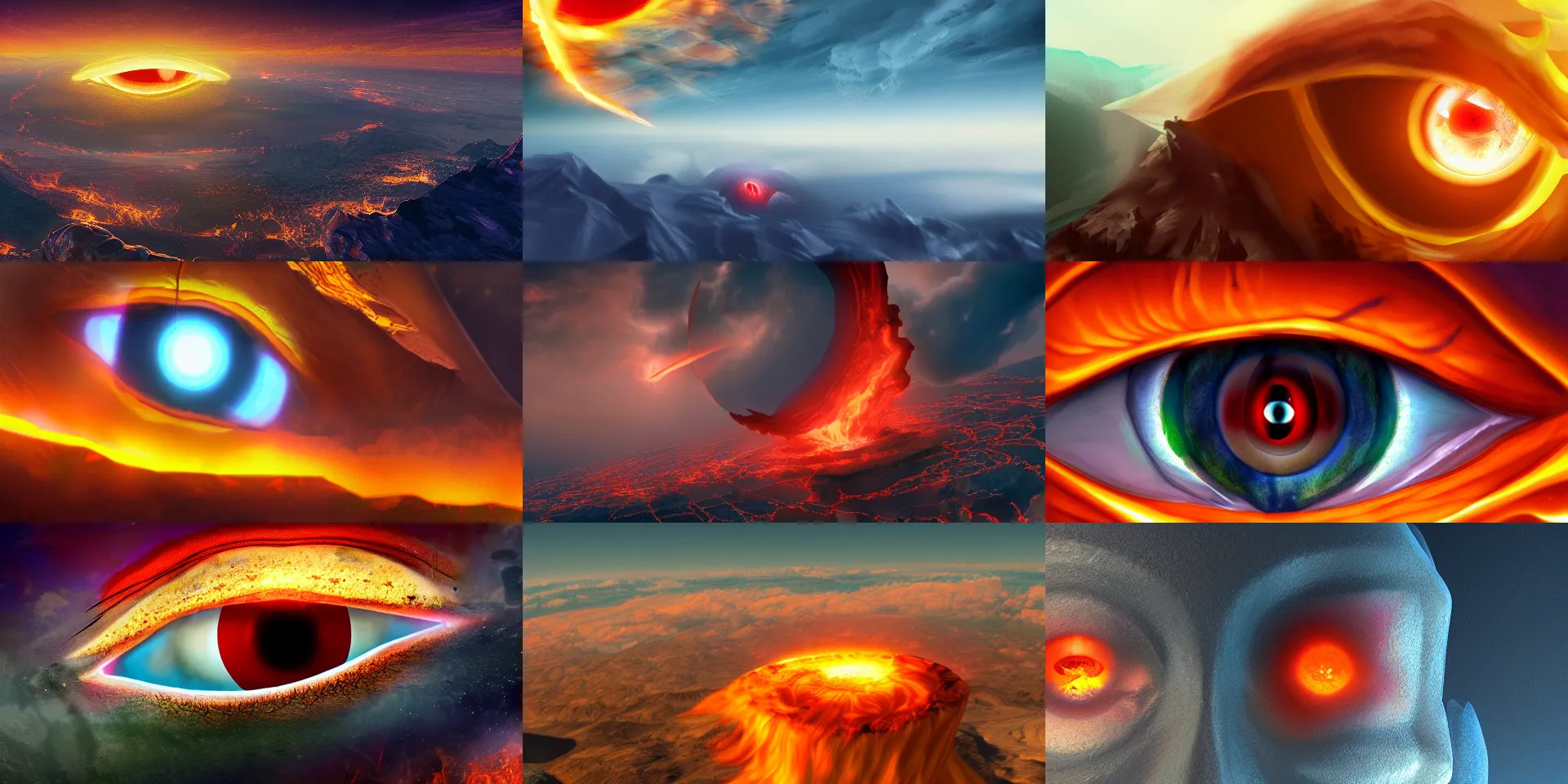 Prompt: fiery eye watching from the top of mount olympus,hyper reality,concept art,digital art,photorealistic,8k