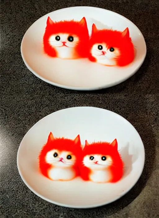 Prompt: clear surrealist painting of adorable cats made from sushi rice, sitting on sushi plates with garnish