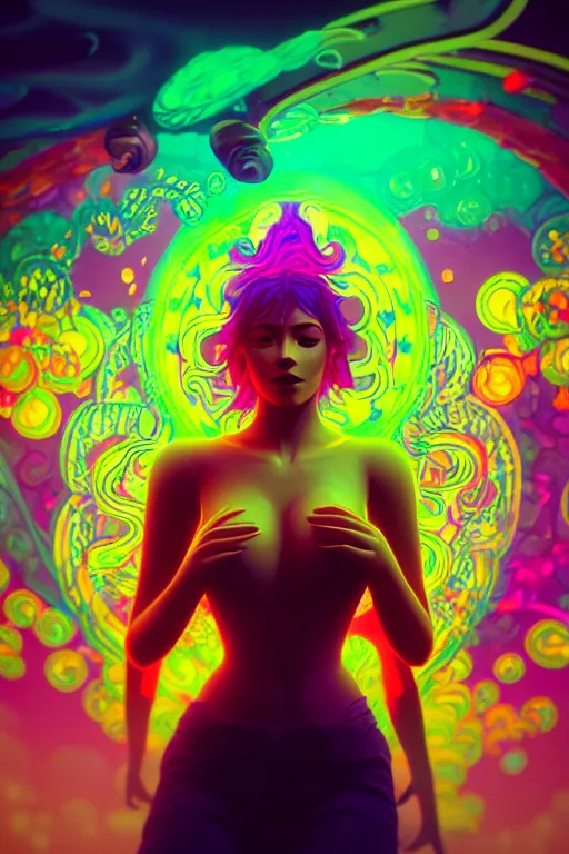 Image similar to a gorgeous woman surrounded by colorful liquid clouds and neon smoke, extremely detailed, psychedelic experience, psilocybin, dmt, lsd, face, highly detailed, artstation, alphonse mucha, hana yata, and artem demura and beeple, octane render, unreal engine, 8 k