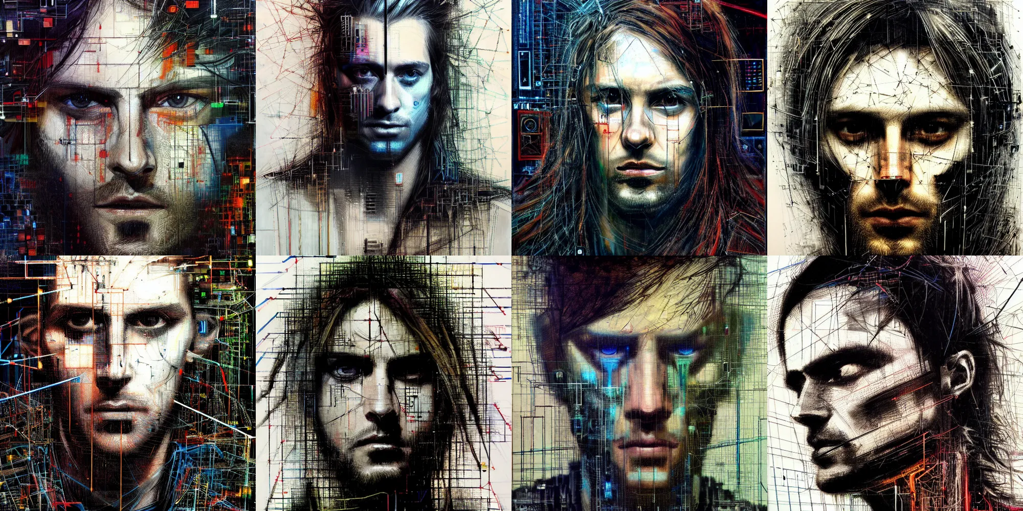 Prompt: hyperrealistic portrait of a cyberpunk man, long hair, by Guy Denning, Johannes Itten, Russ Mills, hacking effects, detailed lines, network, cybernetics, cables, computation, technological, color blocking!, circuitry, digital, oil on canvas, insane detail, front view, symmetrical, octane, concept art, abstract, artistic, 8k, cinematic, trending on artstation