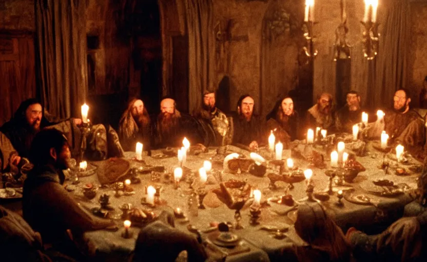 Image similar to Medieval kings sitting around a big dinner table with candles in the shining by stanley kubrick, shot by 35mm film color photography