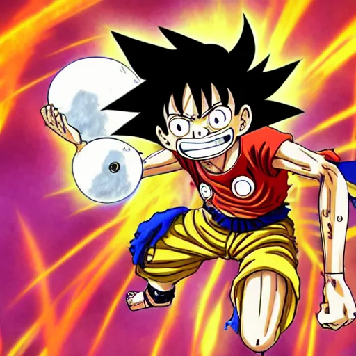 Image similar to still image of Monkey D Luffy in DragonBall Z by Akira Toriyama, color, screenshot