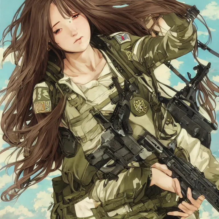 Prompt: soldier girl, trading card front, anime style, long hair, hair down, symmetrical facial features, green eyes, from girls frontline, hyper realistic, pale skin, 4k, rule of thirds, extreme detail, detailed drawing, trending artstation, hd, fantasy, D&D, realistic lighting, by Alphonse Mucha, Greg Rutkowski, sharp focus, backlit, full soldier clothing