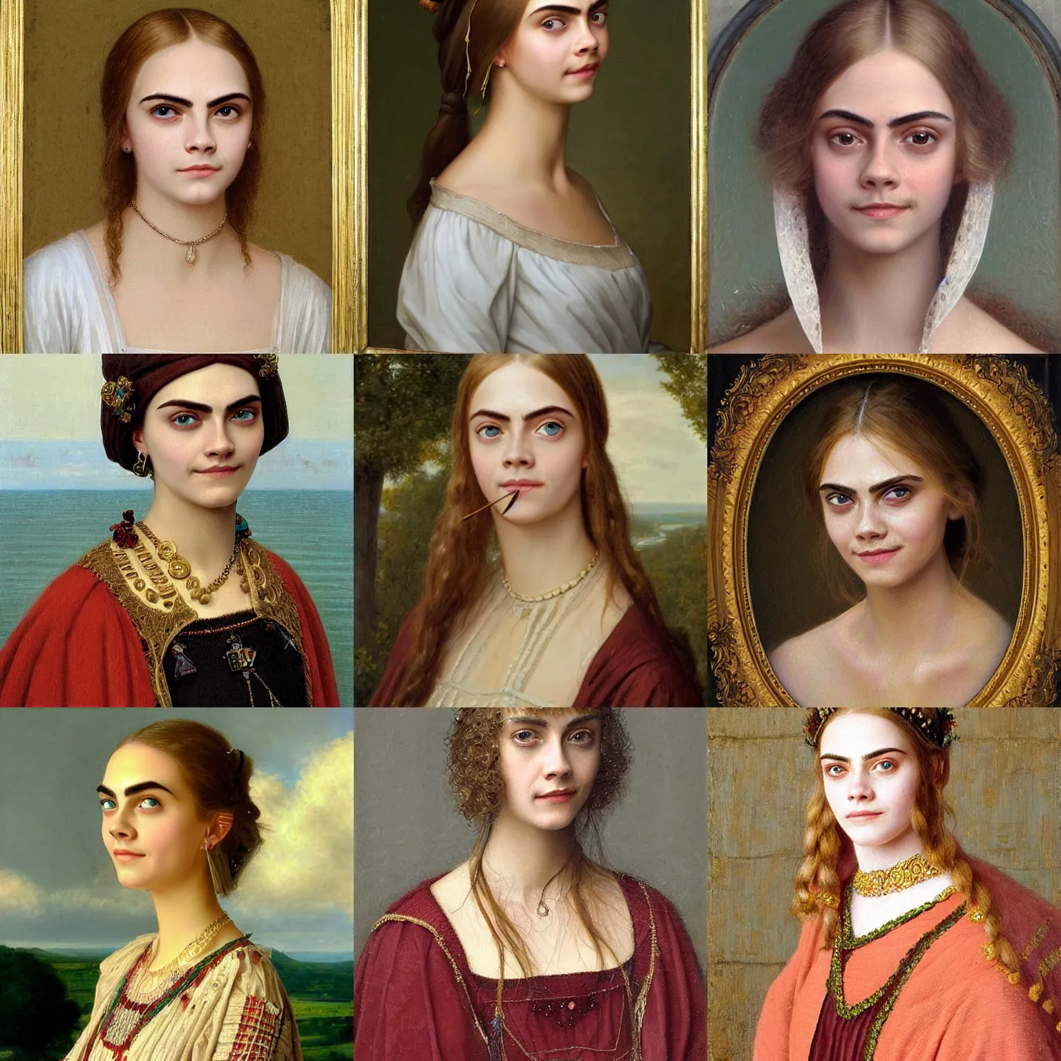 Prompt: a portrait painting of smiling Cara Delevingne without eyebrows, thin eyebrows, she is wearing no makeup by Edmund blair leighton