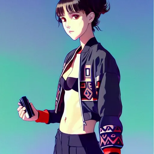 Image similar to a beautiful! boyish! natalie portman alluring gravure! model, wearing oversized aztec bomber jacket and leotard, poofy bomber jacket with mayan patterns, gapmoe yandere grimdark, trending on pixiv fanbox, painted by greg rutkowski makoto shinkai takashi takeuchi studio ghibli, akihiko yoshida