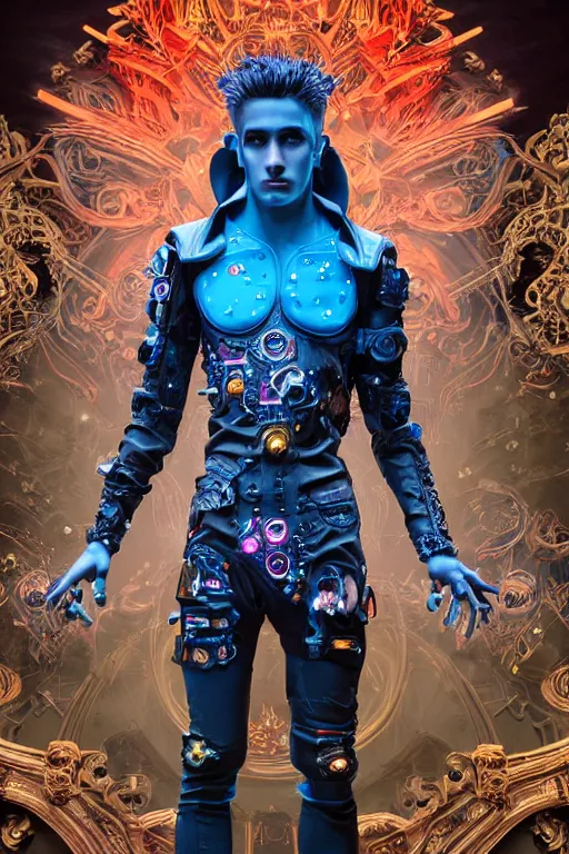 Image similar to full-body cyberpunk style sculpture of a young handsome Colombian prince half android with a chest opening exposing circuitry and electric sparks, glowing pink eyes, crown of blue flowers, flowing salmon-colored silk, fabric, raptors. baroque elements. full-length view. baroque element. intricate artwork by caravaggio. many many birds birds on background. Trending on artstation, octane render, cinematic lighting from the right, hyper realism, octane render, 8k, depth of field, 3D