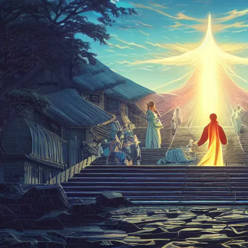 Prompt: the second coming of the prodigal son, by dan mumford, yusuke murata, makoto shinkai, ross tran, cosmic, heavenly, god rays, intricate detail, cinematic, 8 k, cel shaded, unreal engine, featured on artstation, pixiv