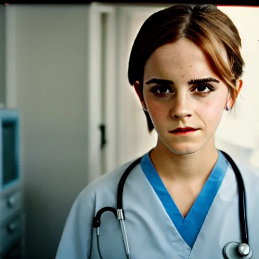 Image similar to emma watson, nurse scrubs, hospital, portrait, mid view head and shoulders, award winning, kodak ektachrome expired blue tint,