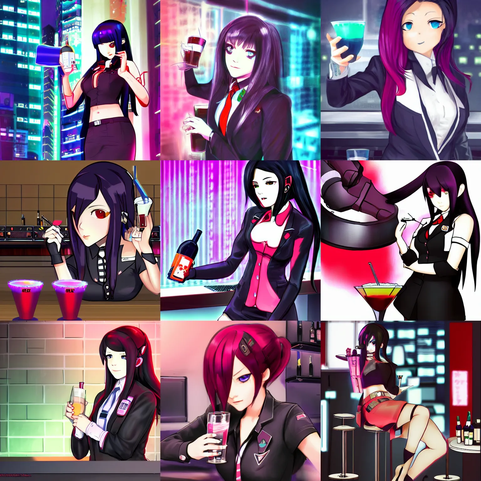 Prompt: Jill Stingray, VA-11 Hall-A, sketch, cyberpunk, bartending, dark hair, suit, mixing drinks, by Tetsuya Nomura