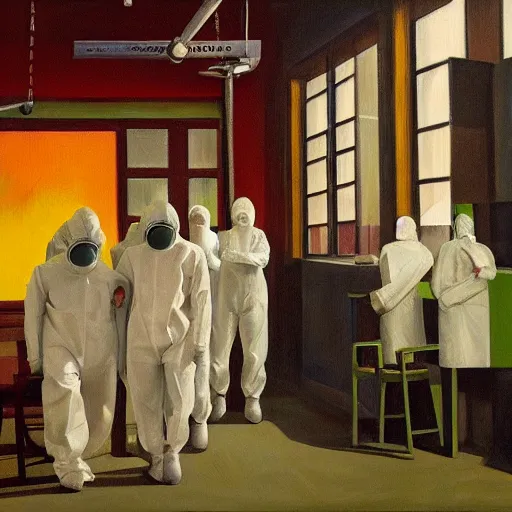 Prompt: pandemic hospital, hazmat suits, dystopian, pj crook, edward hopper, oil on canvas