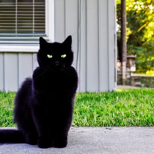 Image similar to a fluffy cute black cat sitting on the corner of a front yard outside in the late afternoon on a beautiful summer day, sunset