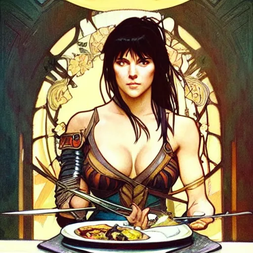 Prompt: xena warrior princess eating at a restaurant art by artgerm and greg rutkowski and alphonse mucha w 7 6 8