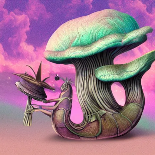 Image similar to Snail and Mushroom Hybrid, bipedal creatures, in the style of John Coulthart, vaporwave, volumetric lighting, maximalist, surrealism