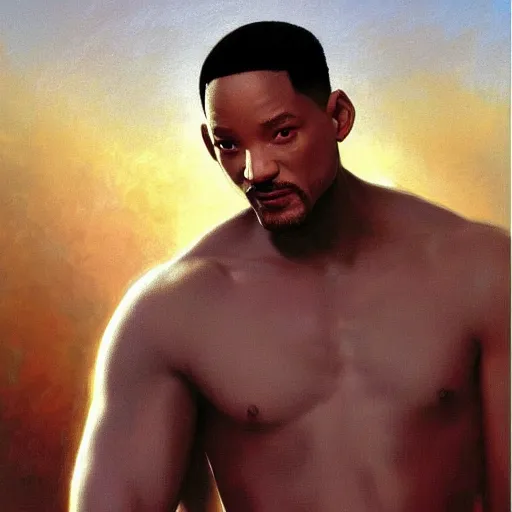 Image similar to Painting of Will Smith as Neo. Art by william adolphe bouguereau. During golden hour. Extremely detailed. Beautiful. 4K. Award winning.