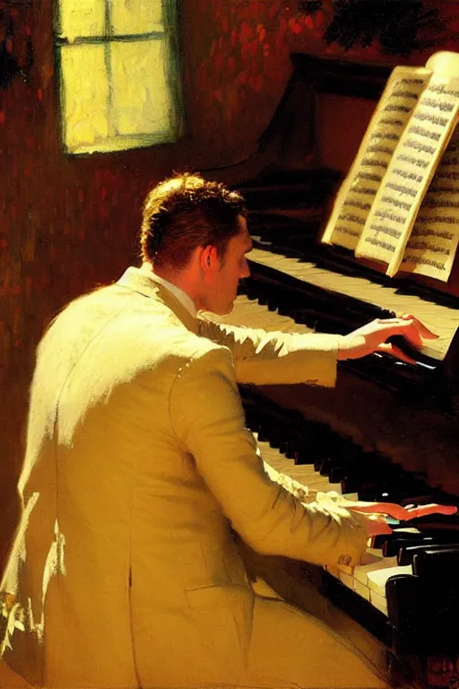 Image similar to attractive male playing piano, starry night, painting by gaston bussiere, craig mullins, j. c. leyendecker