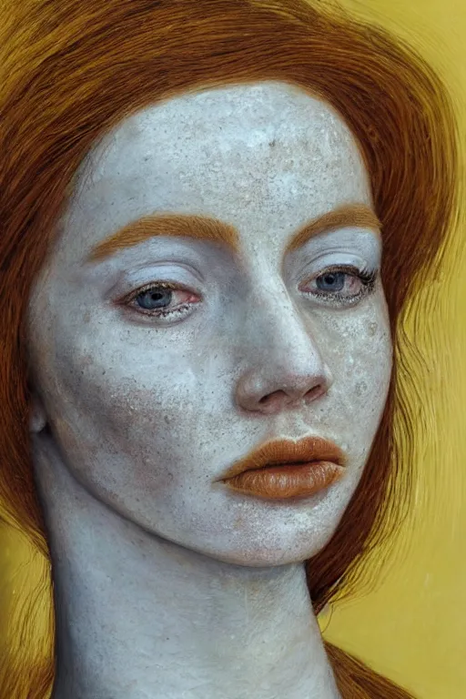 Prompt: hyperrealism close-up portrait of beautiful medieval ginger queen with freckles, face fully cover in golden paint, wearing dark silk, in style of classicism