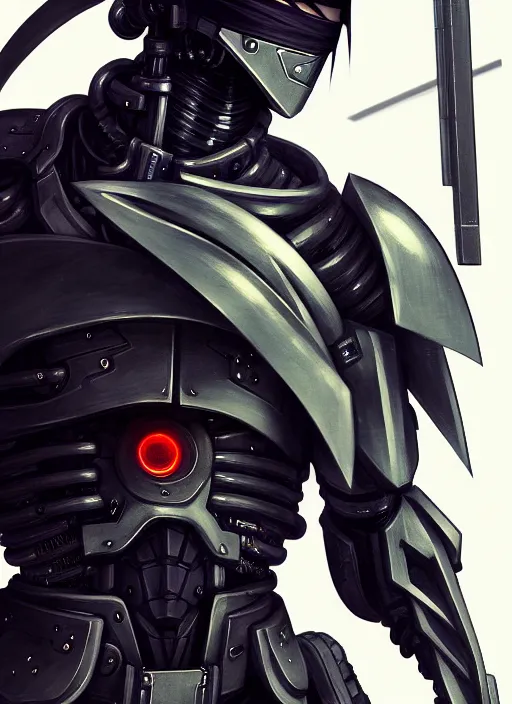 Image similar to a anime portrait of a cyborg ninja raiden, finely detailed features, closeup at the face, sharp focus, perfect art, warzone background, cinematic lighting, intricate, anime, illustration, artstation, trending on pixiv fanbox, painted by greg rutkowski, studio ghibli, yoji shinkawa, hayao miyazaki,