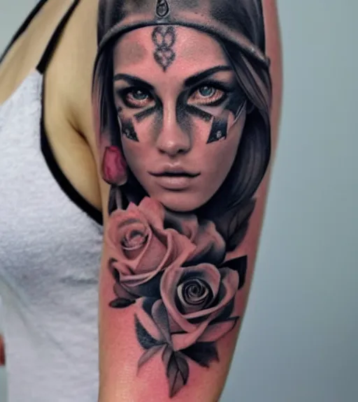 Image similar to tattoo design on white background of a beautiful girl warrior, roses, hyper realistic, realism tattoo, by eliot kohek, beautiful eyes, realistic face