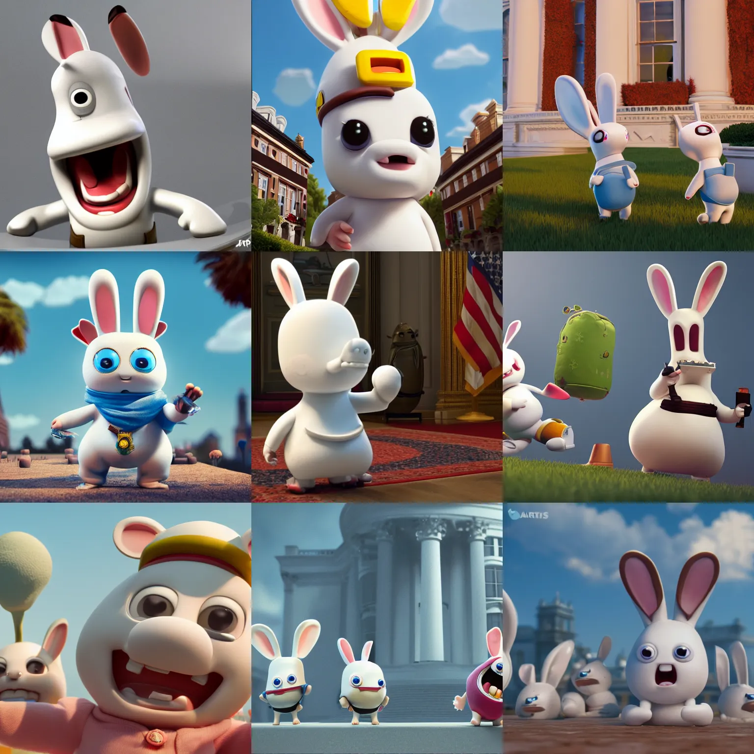 Prompt: rabbids at the whitehouse, trending on artstation, 8 k, detailed model, octane render