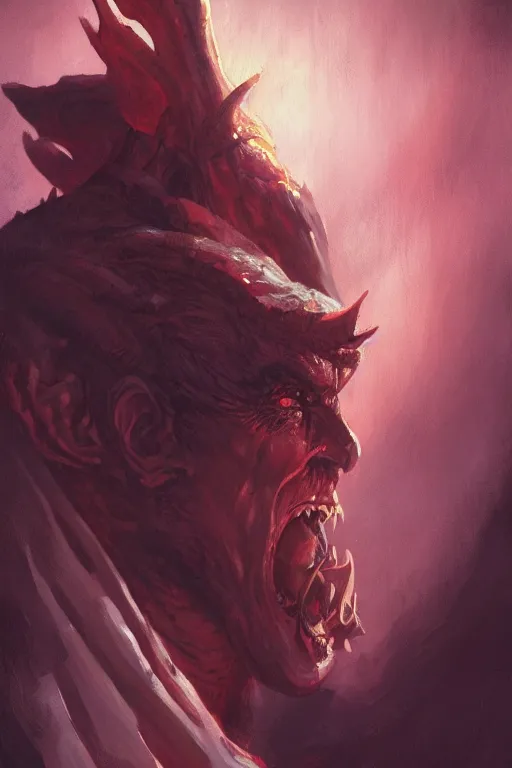 Image similar to dungeons and dragons evil devil character closeup side profile portrait, dramatic light, dungeon background, 2 0 0 mm focal length, painted by stanley lau, painted by greg rutkowski, painted by stanley artgerm, digital art, trending on artstation