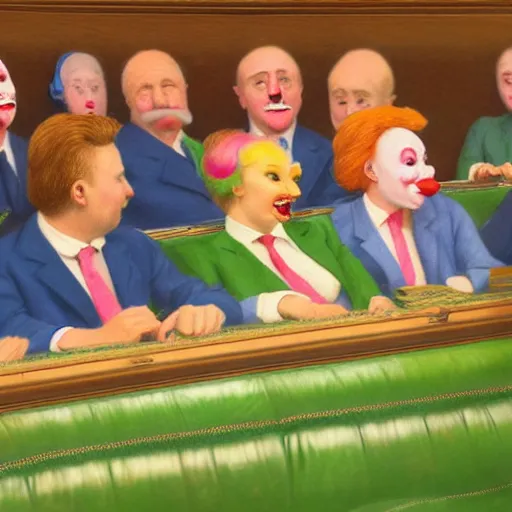 Prompt: a highly detailed beautiful portrait close up hyper realistic photograph of british members of parliament in the house of commons wearing pastel coloured clown costumes with pleasant oversized joyful faces, they are smoking. without visible brushstrokes but in the style of edward hopper, richard hamilton. concept art. green leather benches. photographic. concept. crisp. no artefacts. desaturated. high fidelity facial portrait. 8 k