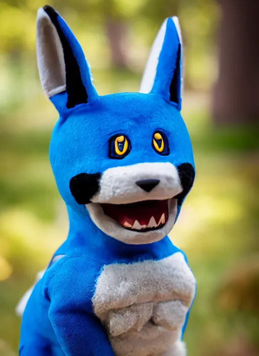 Image similar to portrait photo still of real life pokemon character lucario, 8 k, 8 5 mm f 1. 8