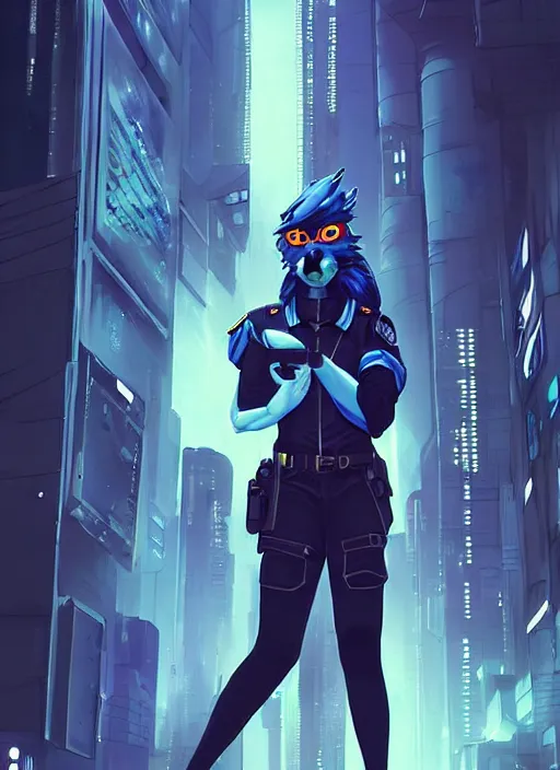 Image similar to A beautiful portrait commission of a female furry anthropomorphic avian blue bird fursona wearing a security guard uniform with a bullet proof vest. Cyberpunk city at night. Atmospheric. Character design by charlie bowater, ross tran, artgerm, and makoto shinkai, detailed, inked, western comic book art. 🐦