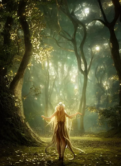 Image similar to magical forest with gold and silver leafs, music, girl with blond long hair back view, elves, lord of the rings style, ultra detailed, trending on artstation, concept art, octane render, unreal engine,