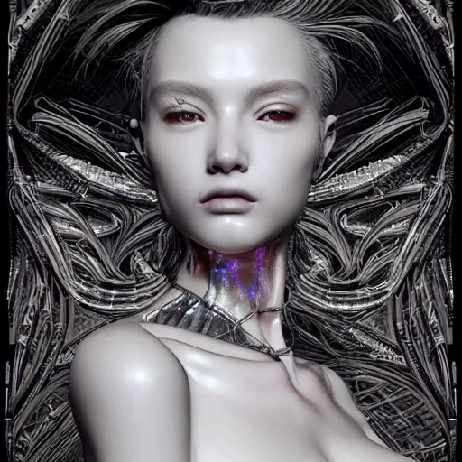 Image similar to the portrait of an absurdly beautiful, graceful, sophisticated, fashionable cyberpunk gravure idol, an ultrafine hyperdetailed illustration by kim jung gi, irakli nadar, matt wisniewski, intricate linework, iridescent wiring, porcelain skin, unreal engine 5 highly rendered, global illumination, radiant light, detailed and intricate environment