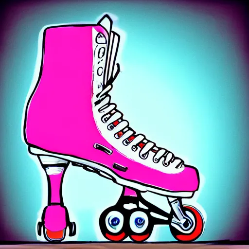 Image similar to a drawing of a pair of white retro! roller skates with dragon embroidery and cyan wheels on a pedestal!! in an empty white room, trending on artstation, carpenter brut, synthwave, pink lightning, neon!! light