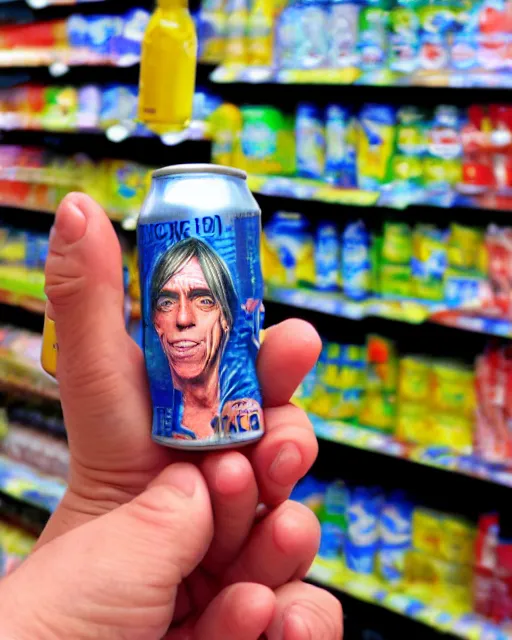 Image similar to a hand holding a soda can with iggy pop's face on the label, inside a supermarket