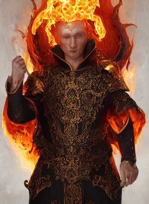 Image similar to high intricate middle aged ginger male priest with white baroque armor and black garment fighting a fire demon, maria panfilova, andrea savchenko, mike kime, ludovic plouffe, qi sheng luo, oliver cook, trending on artstation