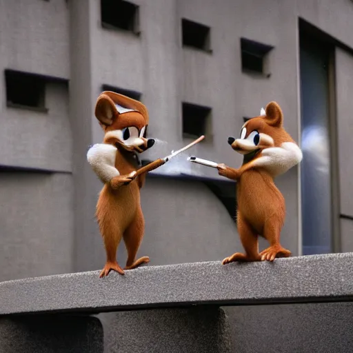 Prompt: realistic macro photo of Chip and Dale smoking, winter, brutalist houses at the background