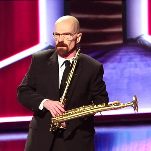 Prompt: walter white playing the saxophone on america's got talent