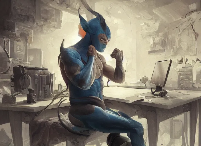 Image similar to an insanely detailed painting of an asian man wearing a homemade superhero costume, sitting at a desk, staring seriously at the computer and typing, in the style of peter mohrbacher, james jean, ruan jia, dramatic lighting and composition, surreal background, octane render, pixar, trending on artstation, concept art, comic book, view from behind, 8 k