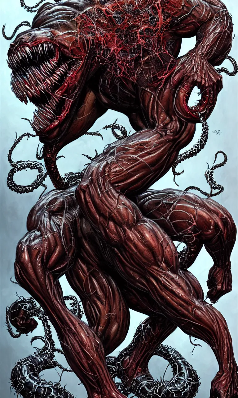 Image similar to hyper realist full body long shot portrait of bodybuilder venom legs from marvel comics!!!!, large mouth with teeth, large tongue, lovecraftian horror!!, fantasy, intricate, elegant, highly detailed, digital painting, artstation, concept art, matte, sharp focus, illustration, art by glenn fabry and giger