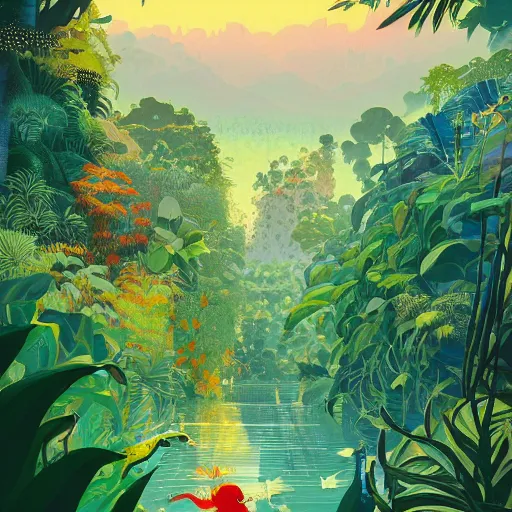 Prompt: painting of the jungle by victo ngai and malika favre, by rhads, makoto shinkai, madgwick, masterpiece, contest award winner