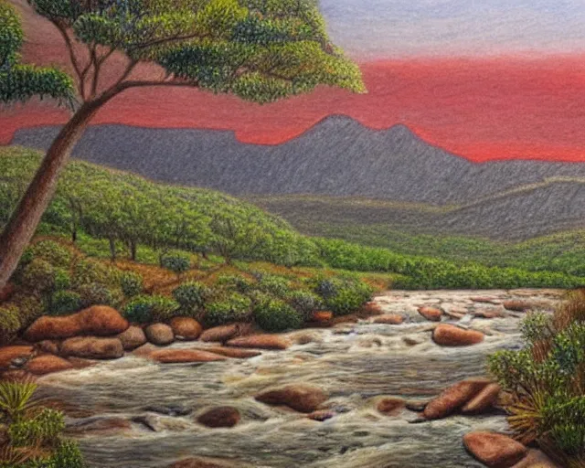 Prompt: A colored pencil drawing of Karkloof Nature Reserve with a river of red wine, very detailed, realistic