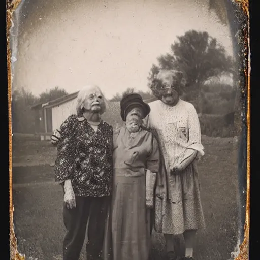 Image similar to tintype photograph, old woman, millennial woman elderly, 2 0 9 0 s, post - nuclear town