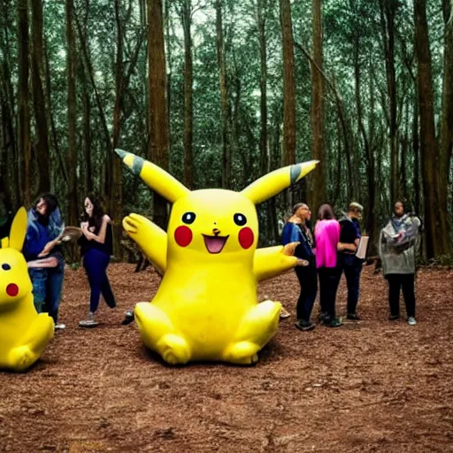 Image similar to photograph of a group of people worshipping a giant pikachu in a forest