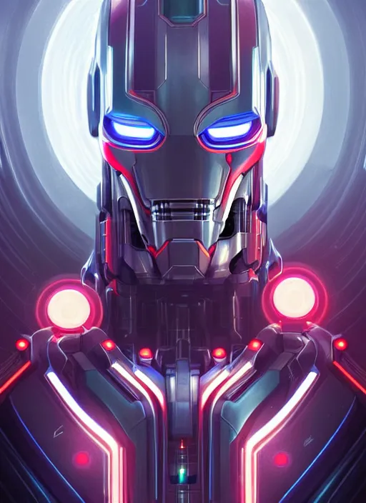 Image similar to symmetry!! portrait of ultron, sci - fi, tech wear, glowing lights!! intricate, elegant, highly detailed, digital painting, artstation, concept art, smooth, sharp focus, illustration, art by artgerm and greg rutkowski and alphonse mucha