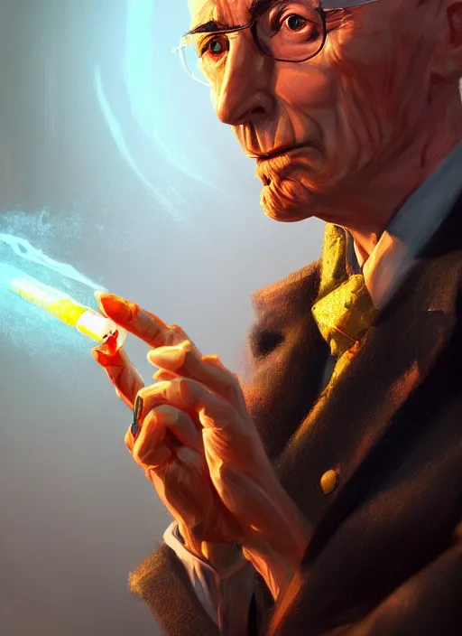 Prompt: a highly detailed illustration of j. r oppenheimer smoking a glowing nuclear cigarette, dramatic pose, intricate, elegant, highly detailed, centered, digital painting, artstation, concept art, smooth, sharp focus, league of legends concept art, wlop.