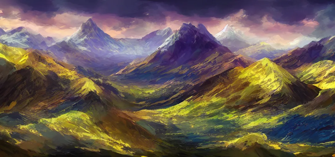 Image similar to vast mountain landscape, craggy mountains, magic the gathering, three - colors, three - color color palette, panoramic, wide angle, horizon, highly detailed