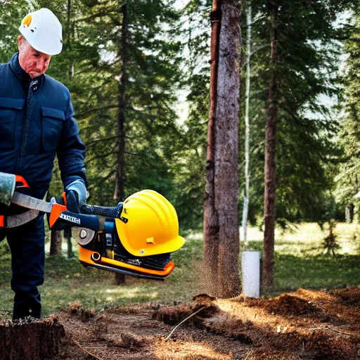 Image similar to putin with a chainsaw, cutting a tree. he wears a yellow safety helmet. canon eos r 3, f / 1. 4, iso 2 0 0, 1 / 1 6 0 s, 8 k, raw.