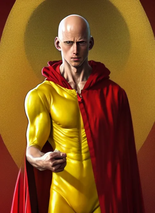 Image similar to ultra realistic illustration, handsome saitama. yellow and red cape, intricate, elegant, highly detailed, digital painting, artstation, concept art, smooth, sharp focus, illustration, art by artgerm and greg rutkowski and alphonse mucha and wlop