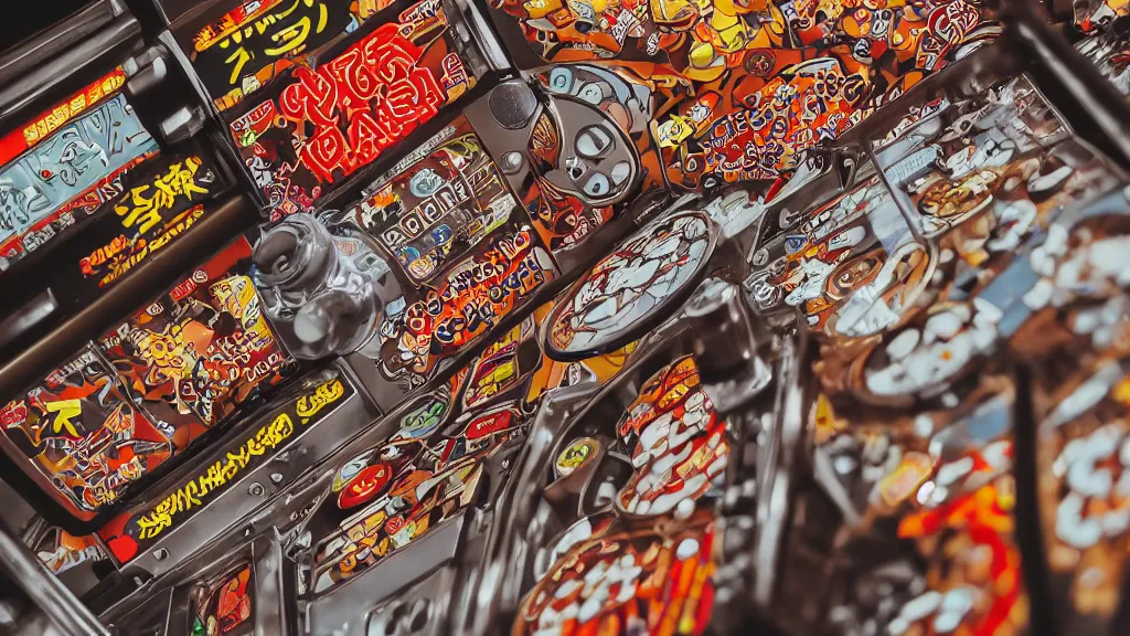 Image similar to up-close shot of a pachinko machine, anime style, brown and gray, cartoon style