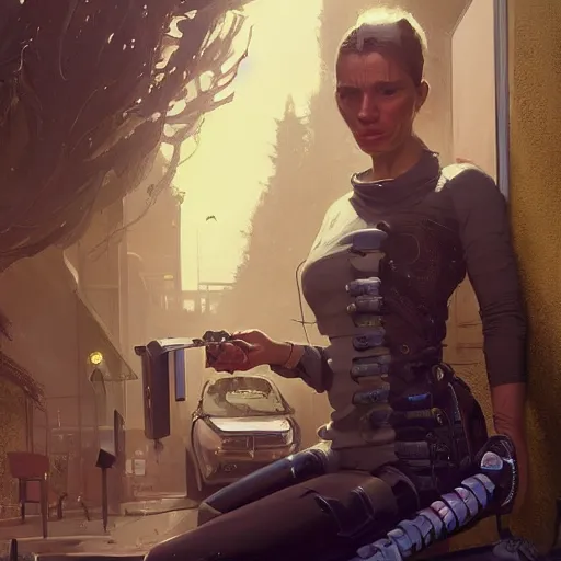 Image similar to highly detailed portrait, a woman with robotic parts, in gta v, stephen bliss, unreal engine, fantasy art by greg rutkowski, loish, rhads, ferdinand knab, makoto shinkai and lois van baarle, ilya kuvshinov, rossdraws, tom bagshaw, global illumination, radiant light, detailed and intricate environment