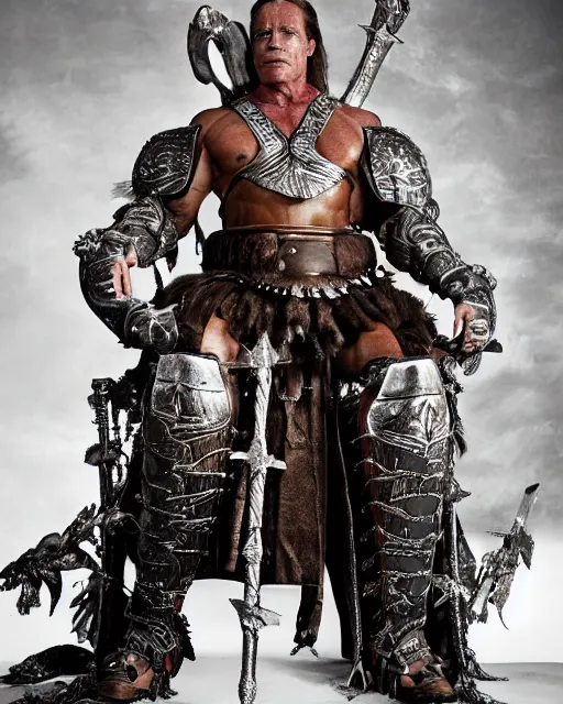 Image similar to arnold schwarzenegger as king conan, directed by john millius, photorealistic, sitting on a metal throne, wearing ancient cimmerian armor, a battle axe to his side, cinematic photoshoot in the style of annie leibovitz, studio lighting